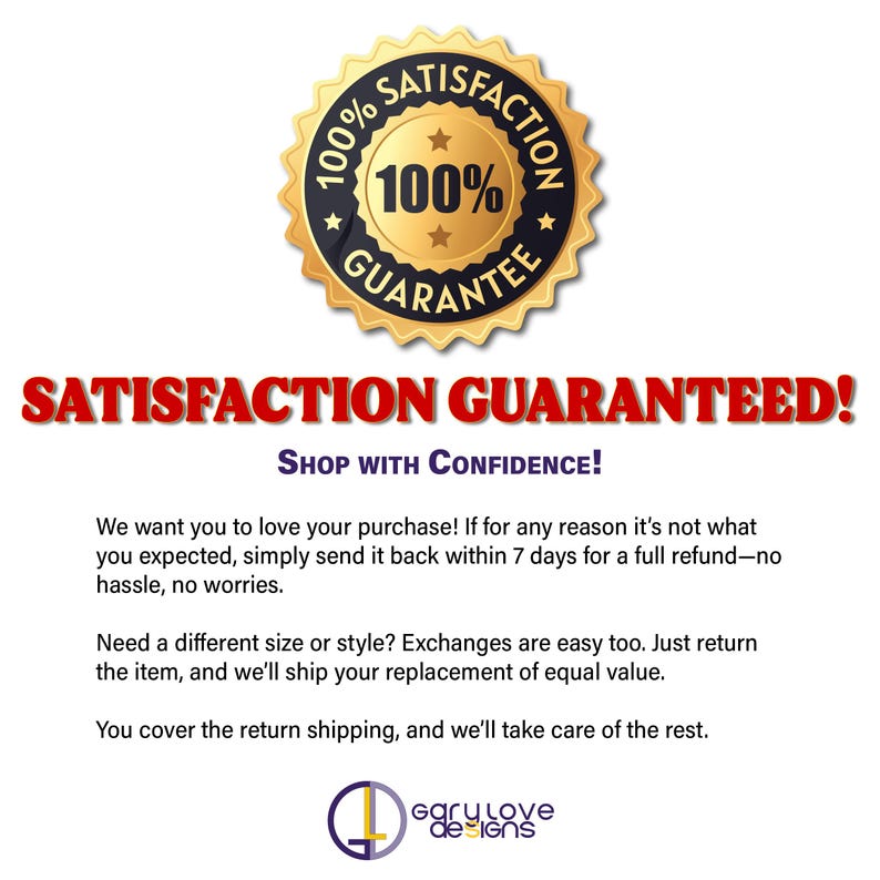 Peut inclure: Un badge circulaire dor&eacute; et noir avec le texte "100% Satisfaction Garantie" et les mots "Satisfaction Garantie ! Achetez en toute confiance !" en rouge et bleu. L'image comprend &eacute;galement du texte sur les retours et les &eacute;changes.