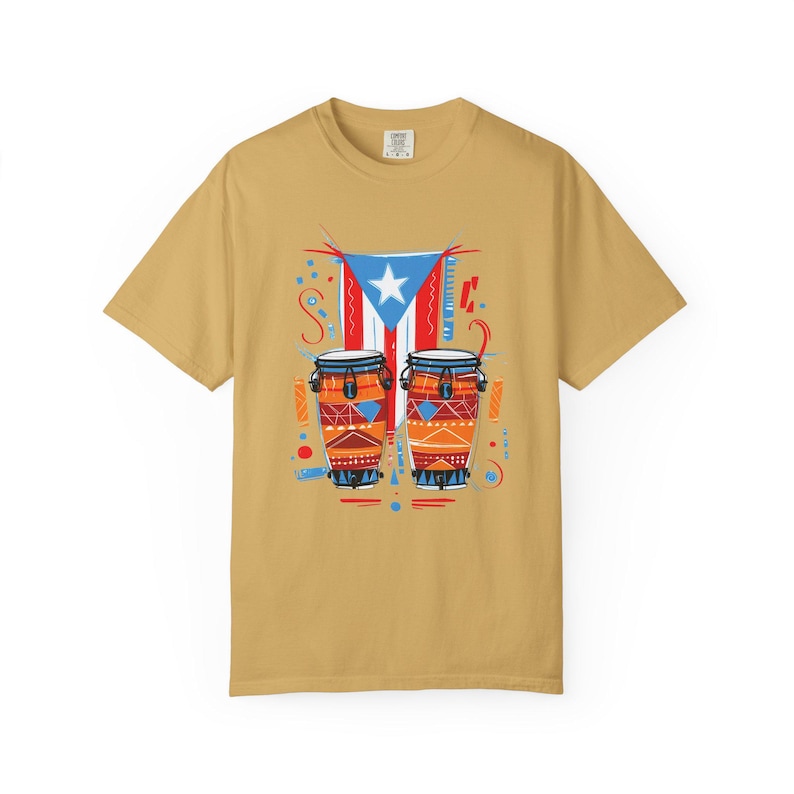Puerto Rican Conga Drum Graphic T Shirt | Comfort Colors Unisex Cotton Tee | Garment Dyed Music Shirt Mustard