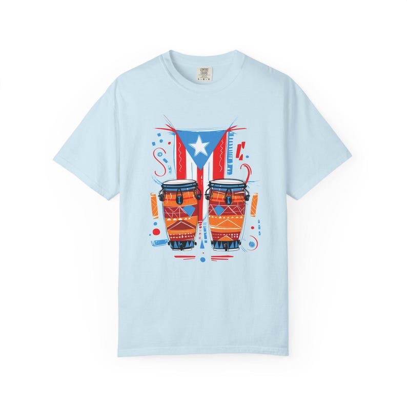 Puerto Rican Conga Drum Graphic T Shirt | Comfort Colors Unisex Cotton Tee | Garment Dyed Music Shirt Chambray