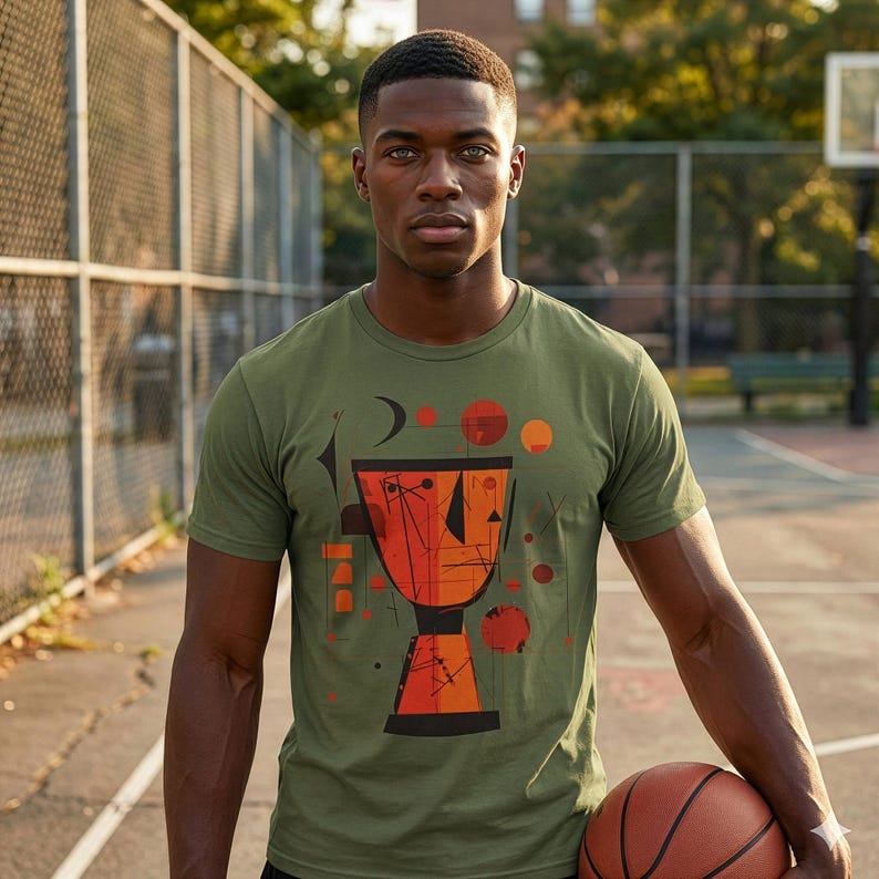 May include: Olive green t-shirt with an abstract drum design in orange and red. The design incorporates geometric shapes and lines. The t-shirt is made of a soft material.