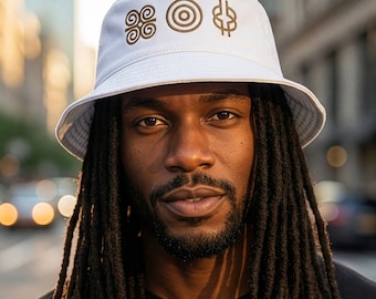 Adinkra Symbols Cotton Bucket hat with Gold Embroidered Ghanaian symbols for Leadership, Wisdom & Strength
