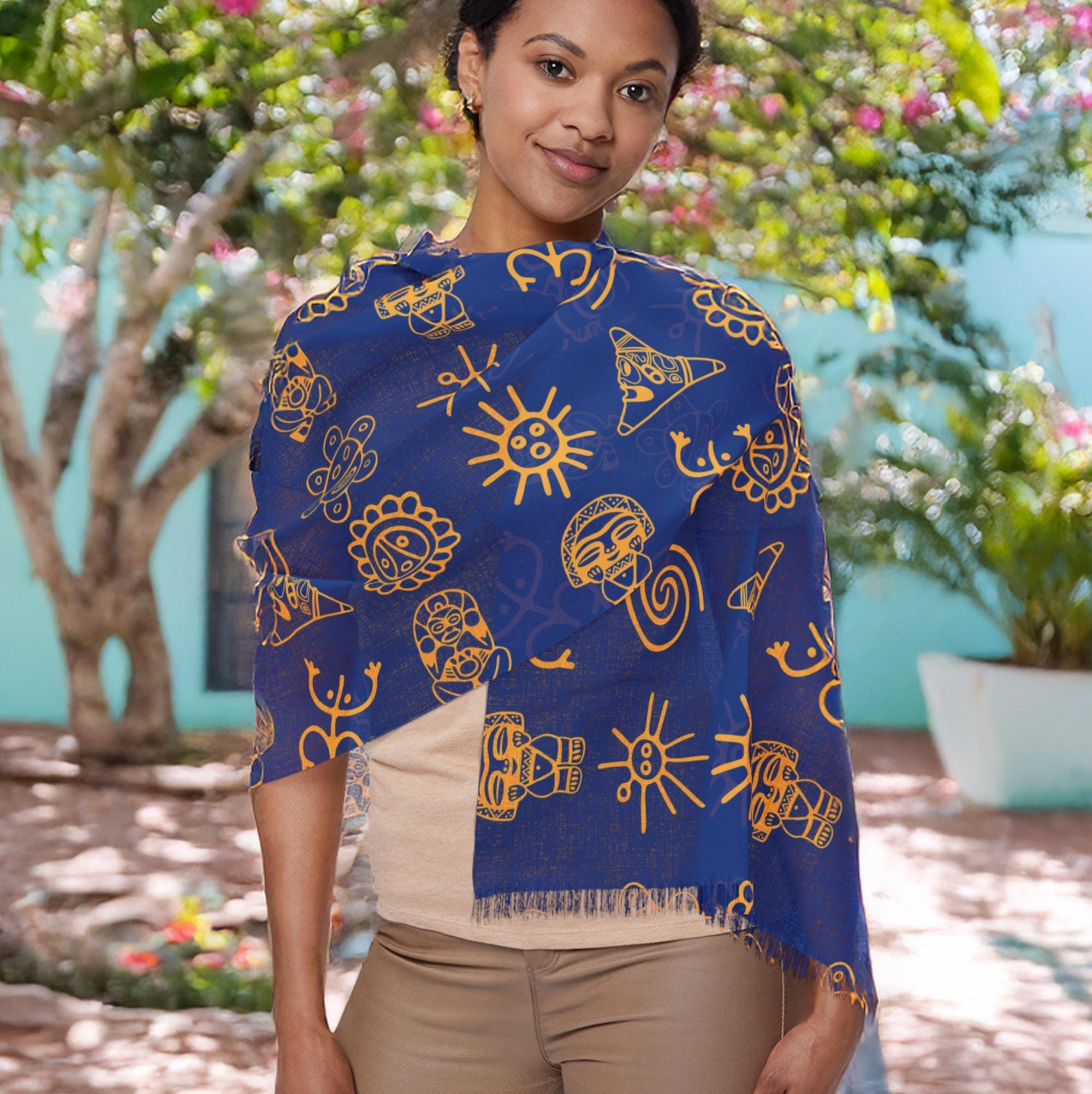 Taino Symbol leichter Schal, puertoricanische Pride Accessoires, Frühling Sommer Halswickel, mehrere Taino Glyphs, blauer und goldener Schal