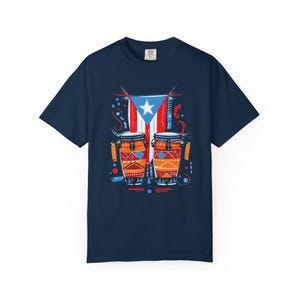 Puerto Rican Conga Drum Graphic T Shirt | Comfort Colors Unisex Cotton Tee | Garment Dyed Music Shirt True Navy