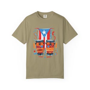 Puerto Rican Conga Drum Graphic T Shirt | Comfort Colors Unisex Cotton Tee | Garment Dyed Music Shirt Khaki