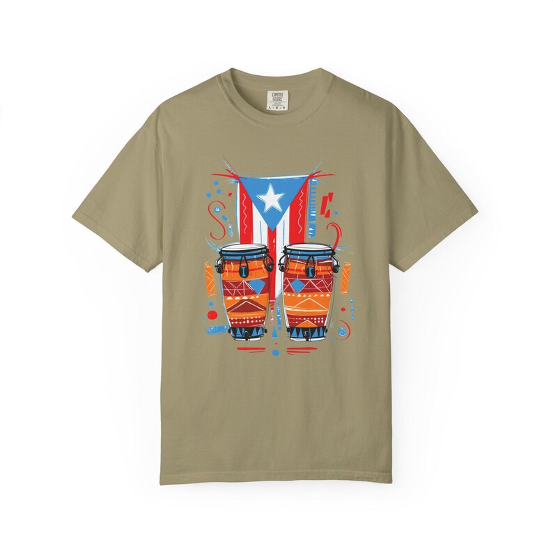 Puerto Rican Conga Drum Graphic T Shirt | Comfort Colors Unisex Cotton Tee | Garment Dyed Music Shirt Khaki