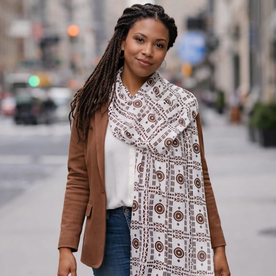 Mud Cloth Inspired Scarf in Brown on White | African Bogolan Pattern Wrap | Lightweight Cultural Fashion Scarf