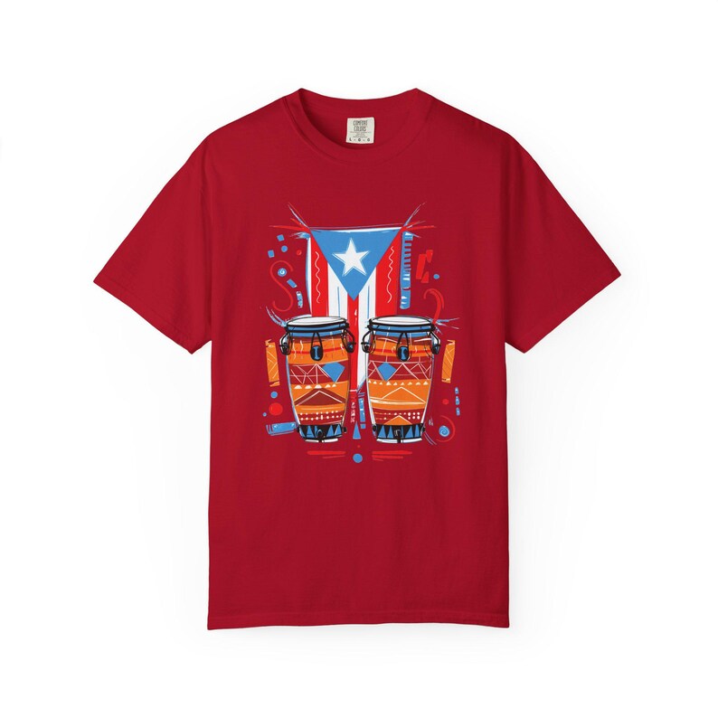 Puerto Rican Conga Drum Graphic T Shirt | Comfort Colors Unisex Cotton Tee | Garment Dyed Music Shirt Red