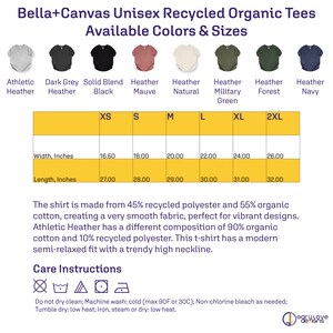 May include: Unisex recycled organic t-shirt size chart with measurements in inches. The chart shows the available colors: athletic heather, dark grey heather, solid blend black, heather mauve, heather natural, heather military green, heather forest, and heather navy. The chart also shows the available sizes: XS, S, M, L, XL, and 2XL.