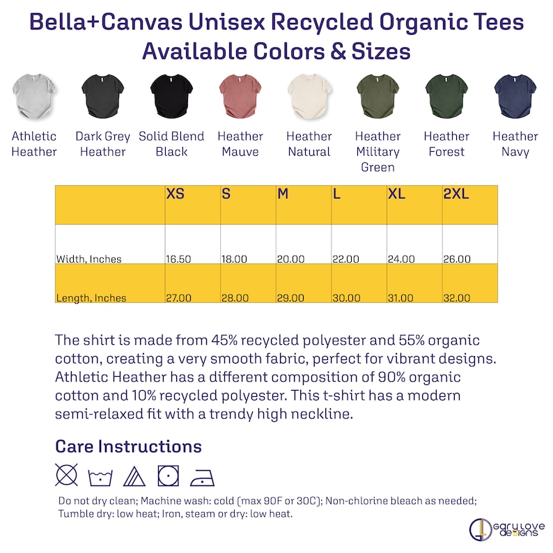 May include: Unisex recycled organic t-shirt size chart with measurements in inches. The chart shows the available colors: athletic heather, dark grey heather, solid blend black, heather mauve, heather natural, heather military green, heather forest, and heather navy. The chart also shows the available sizes: XS, S, M, L, XL, and 2XL.