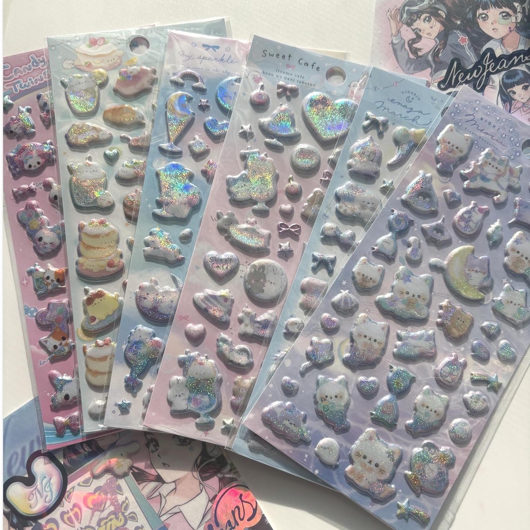 Kawaii Glitter Puffy Sticker Sheet Pastel 3D Cat & Sweet Dessert ...