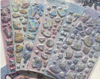 Feuille d'autocollants gonflés scintillants Kawaii pastel 3D chat et autocollants pour desserts sucrés Décoration de journal de scrapbooking mignon