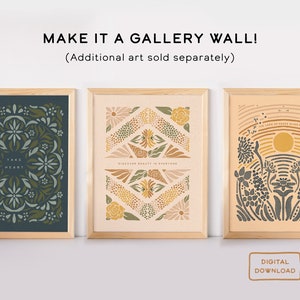 May include: Three framed prints with floral designs and inspirational quotes. The prints are in a neutral color palette of green, brown, and yellow. The quotes are "Take Heart", "Discover Beauty in Everyday", and "The Lord of Peace Gives Peace".