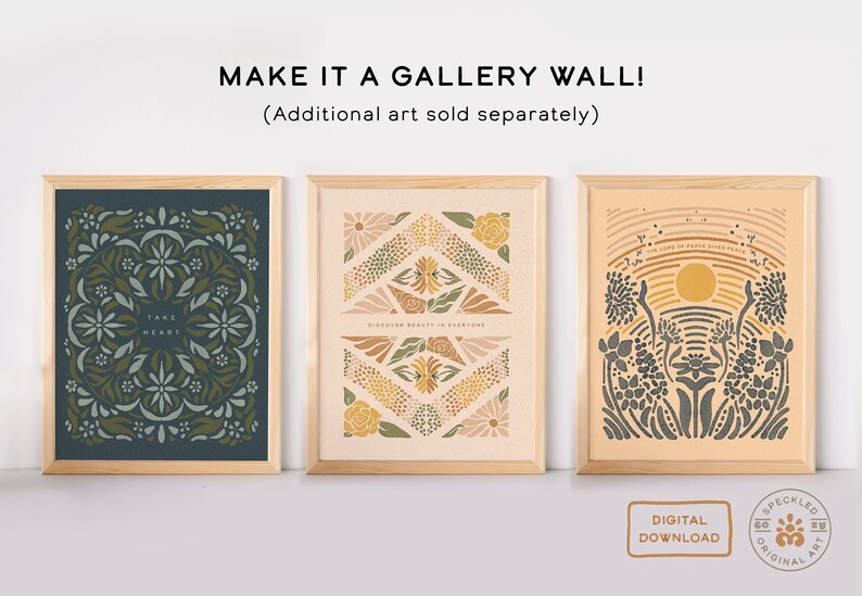 May include: Three framed prints with floral designs and inspirational quotes. The prints are in a neutral color palette of green, brown, and yellow. The quotes are "Take Heart", "Discover Beauty in Everyday", and "The Lord of Peace Gives Peace".