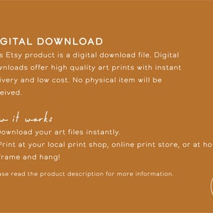 May include: Digital download information for an Etsy product. The text explains that the product is a digital download file, offering high-quality art prints with instant delivery and low cost. It also states that no physical item will be received. The text also includes instructions on how to download and print the art files.