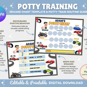 May include: A printable potty training chart template with a colorful race car theme. The chart features a checklist of potty training tasks and a reward section. The text on the chart reads "Adam's Potty Chart".