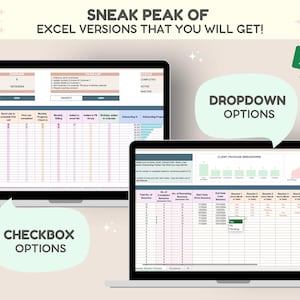 May include: Two screenshots of an Excel spreadsheet showing different features. The first screenshot shows a spreadsheet with a checklist and the second screenshot shows a spreadsheet with a dropdown menu. The text "SNEAK PEAK OF EXCEL VERSIONS THAT YOU WILL GET!" is at the top of the image.