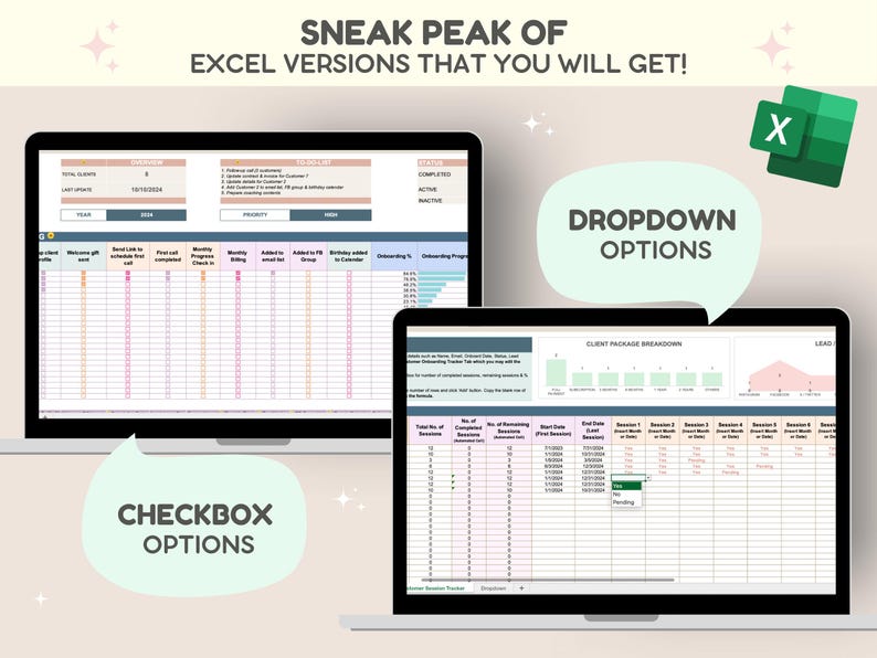 May include: Two screenshots of an Excel spreadsheet showing different features. The first screenshot shows a spreadsheet with a checklist and the second screenshot shows a spreadsheet with a dropdown menu. The text "SNEAK PEAK OF EXCEL VERSIONS THAT YOU WILL GET!" is at the top of the image.