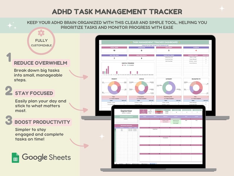 May include: An ADHD task management tracker displayed on two laptops. The text includes "Reduce Overwhelm," "Stay Focused," and "Boost Productivity." The tracker is fully customizable and uses Google Sheets.