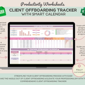Könnte beinhalten: Ein Computerbildschirm zeigt eine rosa und orangefarbene Tabellenkalkulation mit dem Titel "Client Offboarding Tracker with Smart Calendar". Die Tabellenkalkulation enthält einen Kalender, Diagramme und Grafiken. Der Text "Streamline your client offboarding process with ease! Take the hassle out of client offboarding & elevate your professionalism with this comprehensive client offboarding tracker!" wird am unteren Bildschirmrand angezeigt.
