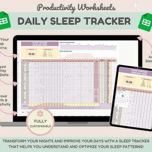 May include: A digital image of a laptop and tablet screen displaying a daily sleep tracker spreadsheet. The spreadsheet is customizable and includes a sleep pattern graph, sleep time analysis, and a calendar view. The text on the screen reads "SLEEP TRACKER (JANUARY 2023)". The image is set against a pink and white background with the text "DAILY SLEEP TRACKER" at the top.