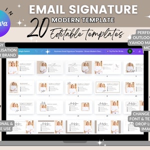 以下が含まれることがあります： コンピューター画面のスクリーンショットで、20個の編集可能なメール署名テンプレートが表示されています。テンプレートはモダンで、茶色と白のカラーテーマを採用しています。画面のテキストには、「メール署名」、「モダンなテンプレート」、「20個の編集可能なテンプレート」、「30日間Proをお試しください」、「色、フォント、テキストを変更、ドラッグ、ロゴと画像をドロップ」と表示されています。