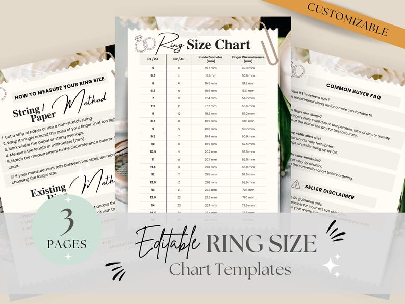 Editable Ring Size Chart Template | Printable Ring Sizer | Ring ...
