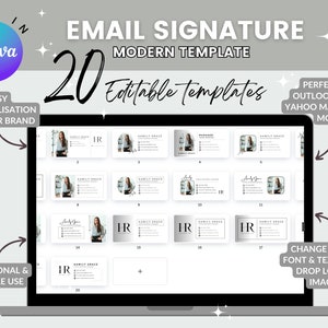 May include: A laptop screen displaying 20 email signature templates in a grid layout. The templates are modern and minimalist, featuring a white background with black text and a gray and white logo. The text on the screen reads "Email Signature Modern Template 20 Editable Templates".