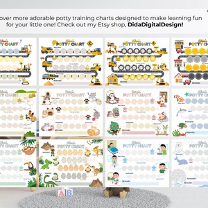 May include: A set of 10 printable potty training charts featuring different themes, including construction vehicles, farm animals, cats, penguins, dinosaurs, sloths, and ocean creatures. Each chart includes a name field, a section for stickers or stamps, and a reward section. The charts are designed to help children learn to use the potty.