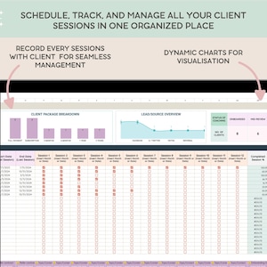 May include: A computer screen displaying a spreadsheet with a client package breakdown, lead source overview, and status of coaching. The spreadsheet includes columns for start date, end date, and session number. The spreadsheet also includes a chart showing the number of clients in each stage of coaching.