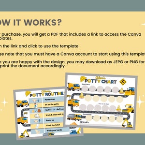 May include: A printable potty training chart for kids featuring a construction theme. The chart has a yellow and black construction truck design with a checklist of potty training steps. The chart includes a reward section and a section for stickers.