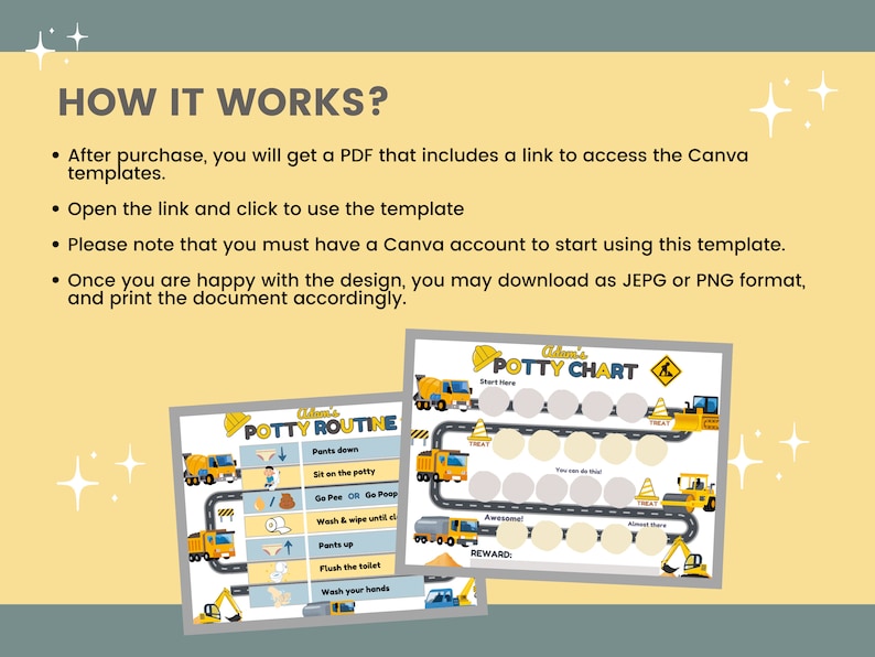 May include: A printable potty training chart for kids featuring a construction theme. The chart has a yellow and black construction truck design with a checklist of potty training steps. The chart includes a reward section and a section for stickers.