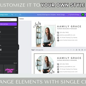May include: A screen shot of a website showing a customizable email signature template. The template features a woman's photo, a name, title, phone number, email address, and website address. The text "AAMILY GRACE" and "HUMAN RESOURCE MANAGER" are displayed in the template. The website allows users to change elements of the template with a single click.