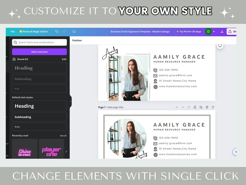 May include: A screen shot of a website showing a customizable email signature template. The template features a woman's photo, a name, title, phone number, email address, and website address. The text "AAMILY GRACE" and "HUMAN RESOURCE MANAGER" are displayed in the template. The website allows users to change elements of the template with a single click.