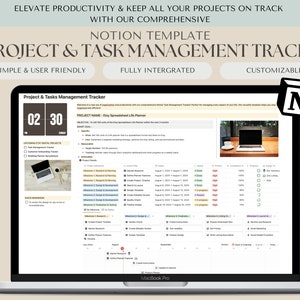 Pode incluir: Um computador portátil a exibir um modelo Notion para gestão de projetos e tarefas. O modelo é intitulado "Project & Task Management Tracker" e apresenta um cronômetro, uma lista de projetos próximos e uma tabela para acompanhar as tarefas. O modelo é totalmente integrado e personalizável.