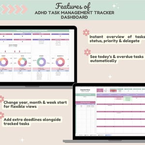 May include: Two laptops displaying an ADHD task management dashboard. The top laptop shows charts and graphs, while the bottom one displays a calendar view. Text highlights features like instant task overviews, overdue tasks, and flexible views.