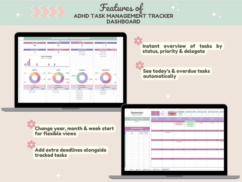 May include: Two laptops displaying an ADHD task management dashboard. The top laptop shows charts and graphs, while the bottom one displays a calendar view. Text highlights features like instant task overviews, overdue tasks, and flexible views.