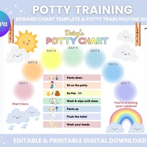 May include: A colourful printable potty training chart featuring a rainbow, clouds, and a sun. The chart includes a checklist of steps for potty training, such as "Pants down", "Sit on the potty", "Go pee or wash and wipe until clean", "Pants up", "Flush the toilet", and "Wash your hands". The chart is labelled "Daisy's Potty Chart" and includes days 1 through 7.