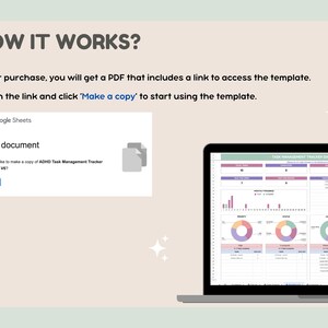 May include: A laptop displaying a task management dashboard with charts and data. The screen shows a spreadsheet with various sections for tracking tasks. Instructions on how to access the template are also visible, along with a Google Sheets copy document prompt.