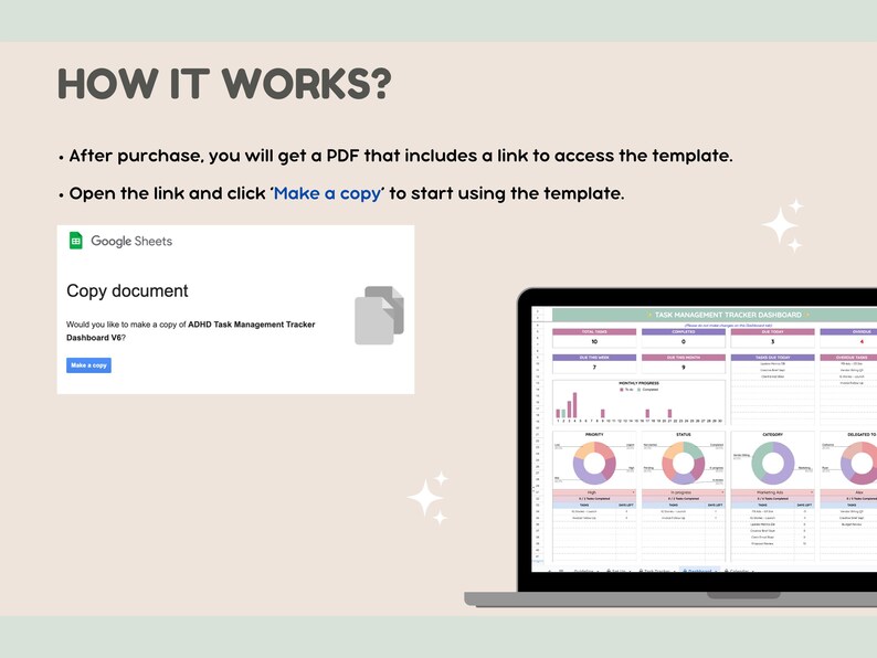 May include: A laptop displaying a task management dashboard with charts and data. The screen shows a spreadsheet with various sections for tracking tasks. Instructions on how to access the template are also visible, along with a Google Sheets copy document prompt.