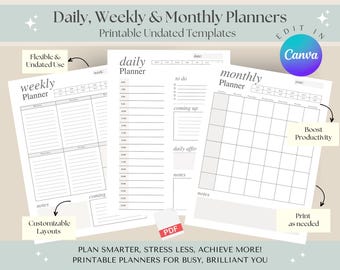 Printable Simple Planner, Daily Weekly Monthly Template PDF,Editable Undated Planner,Minimalist Planner,Daily Schedule,Printable To Do List