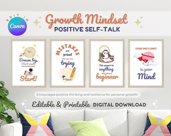 Growth Mindset Editable Posters | Positive Self-Talk | Art Therapy | Counsellor Office Decor | Mastering Mindset | Motivational Printable