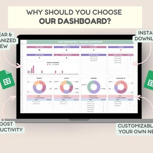 May include: A laptop screen displays a task management tracker dashboard with charts and data. The text on the screen reads "Why should you choose our dashboard?" and highlights features like "Clear & Organized View" and "Instant Download."