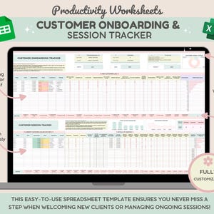Op de afbeelding: Een laptopscherm met een spreadsheet-sjabloon voor het onboarden van klanten en het bijhouden van sessies. De spreadsheet is verdeeld in twee secties: klant onboarding tracker en klant sessie tracker. De sjabloon is volledig aanpasbaar en bevat dynamische grafieken voor visualisatie. De tekst "Productivity Worksheets" en "Customer Onboarding & Session Tracker" wordt bovenaan het scherm weergegeven.