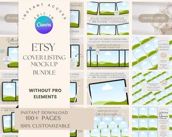 Puede incluir: Paquete de maquetas de portada de Etsy para planificadores digitales y libros electrónicos. El paquete incluye más de 100 páginas, 1000 pegatinas y es personalizable. La imagen muestra una variedad de maquetas con diferentes fondos y diseños.