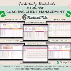 May include: A computer screen displaying a Google Sheets spreadsheet with six tabs for coaching client management. The tabs include onboarding tracker, coaching session tracker, content planning, payment tracker, offboarding tracker, and appointment calendar. The spreadsheet is designed to help coaches stay organised and manage their clients effectively.