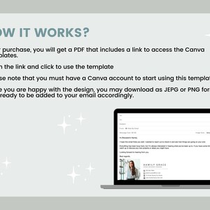 May include: How to use a Canva template: After purchase, you will receive a PDF with a link to access the Canva template. Open the link and click to use the template. You must have a Canva account to use the template. Once you are happy with the design, you can download it as a JPEG or PNG file and add it to your email.