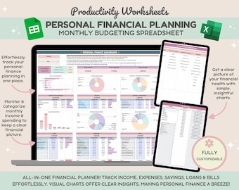 Personal Financial Planning | Financial Planner | Income Expense Tracker | Budget Spreadsheet | Money Management | Monthly Budget Template