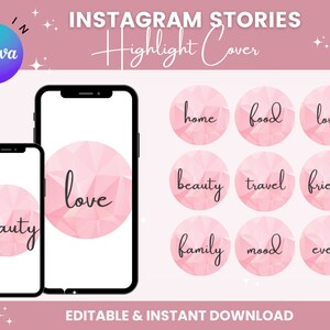 May include: Pink and white Instagram story highlight covers with geometric designs and black text. The text includes "home", "food", "love", "beauty", "travel", "friend", "family", "mood", and "event".