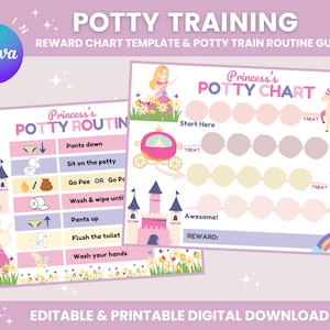 Bewerkbare tabel zindelijkheidstraining | Afdrukbare potjestabel | Gids zindelijkheidstraining | Tabel met beloningen en stickers voor potjes | Magisch prinsessenthema