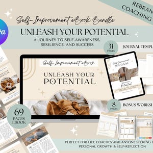 May include: A digital product bundle for self-improvement, featuring an ebook, journal template, and worksheets. The ebook cover features a woman relaxing on a bed with a book, and the text "Unleash Your Potential" in a modern font. The bundle is designed for life coaches and anyone seeking personal growth and self-reflection.